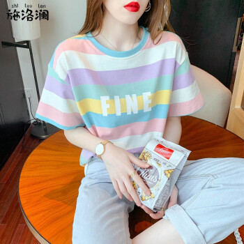 短袖T恤女2023夏季新款小清新彩条纹宽松打底体恤小衫 短袖T恤女2023夏季新款小清新彩条纹宽松打底体恤小衫