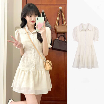短袖连衣裙女翻领收腰单排扣纯色裙子女H13