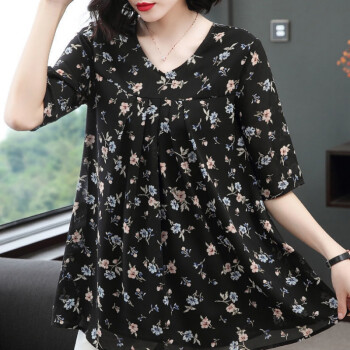 女士雪纺碎花上衣2021年新款中长款大妈中年中年短袖夏装 女士雪纺碎花上衣2021年新款中长款大妈中年中年短袖夏装