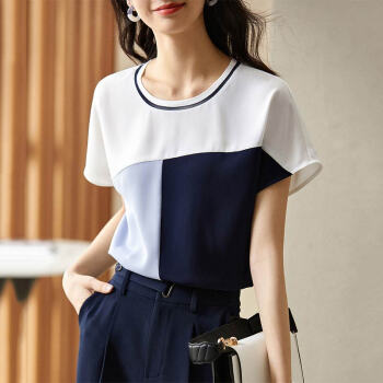 小众设计感拼色雪纺衫女夏季短袖显瘦遮肚子上衣白色配蓝 小众设计感拼色雪纺衫女夏季短袖显瘦遮肚子上衣白色配蓝