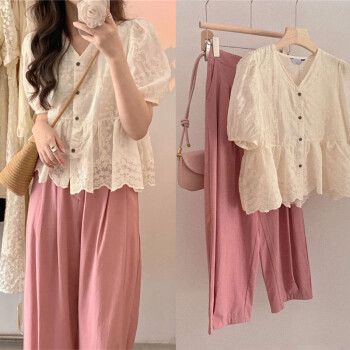 大码韩系温柔上衣成套搭配减龄套装女夏季修身V领刺绣衬衫+ 大码韩系温柔上衣成套搭配减龄套装女夏季修身V领刺绣衬衫+