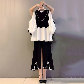 胖mm套装女2022新款大码女装拼接泡泡袖上衣 胖mm套装女2022新款大码女装拼接泡泡袖上衣