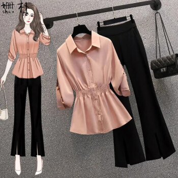 胖mm大码女装休闲套装200斤夏季新款收腰衬衫宽松遮肚上