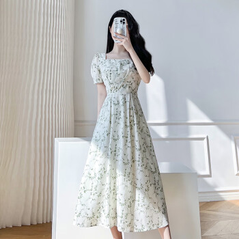 碎花短袖连衣裙女夏气质优雅方领温柔中长裙a字裙P132Q 碎花短袖连衣裙女夏气质优雅方领温柔中长裙a字裙P132Q